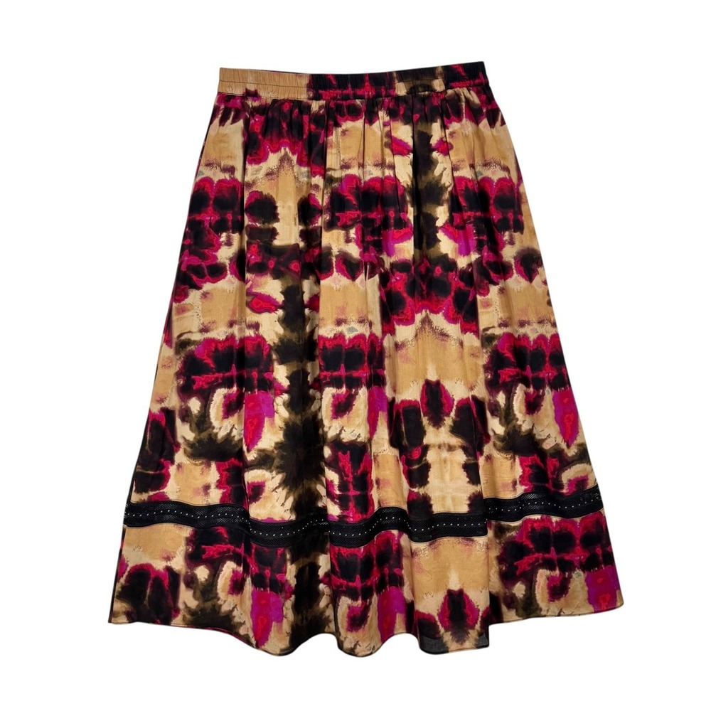 DKNY Boho Midi Skirt Size L Cotton A-line Abstract Print Gold Studded Mesh Trim